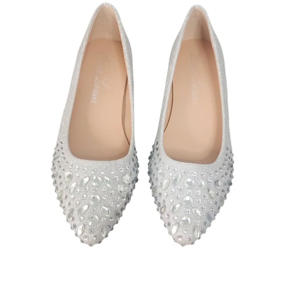 Lauren Lorraine‎ Kelsey Silver Glitter Rhinestone Pointed Toe Ballet Flats 9